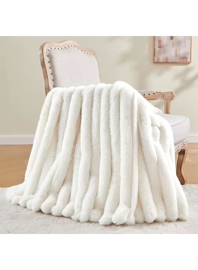 Moro Moro Luxury Soft Fur Blanket,Warm Winter Bedspread,Cream,Wave Design for Sofa Bed - Image 2